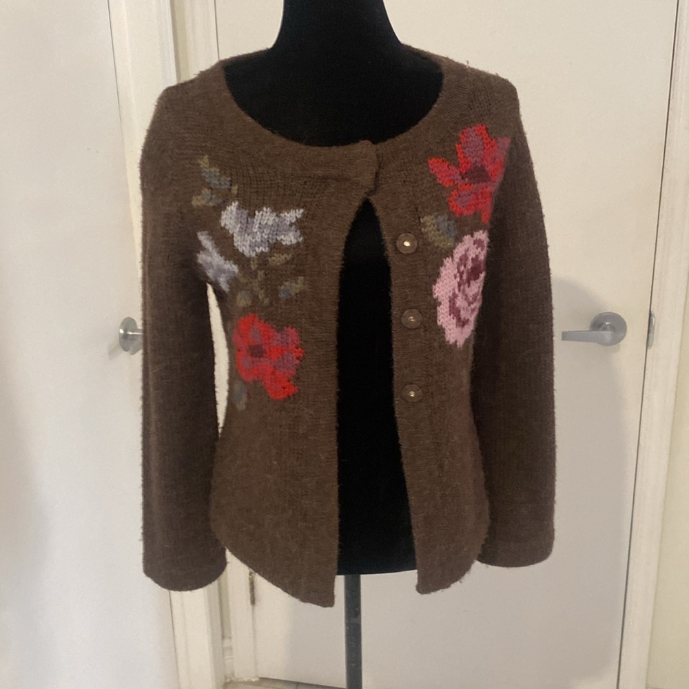 Jackpot wool blend button down Brown cardigan w large floral print Size Small - Picture 7 of 16